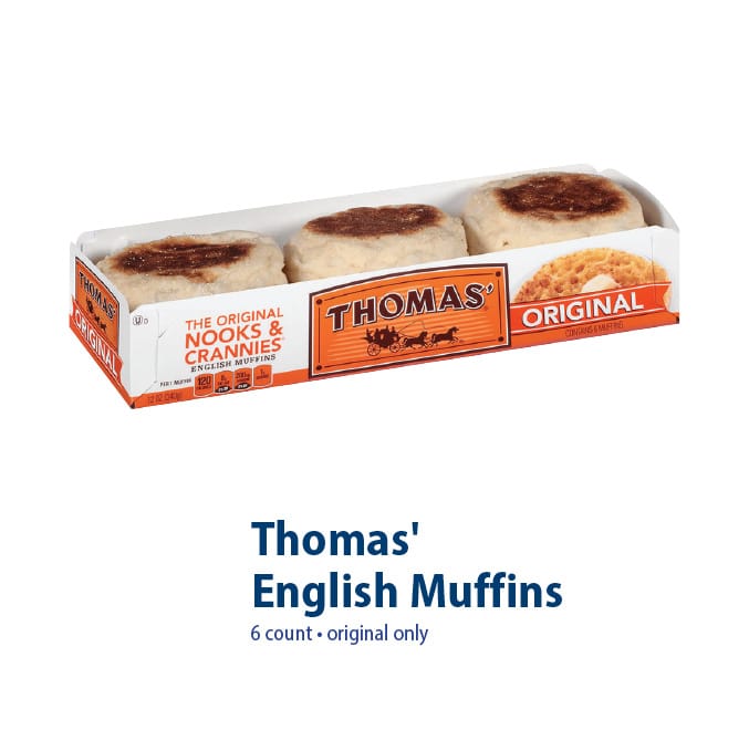 Thomas' English Muffins, 6 count, original only