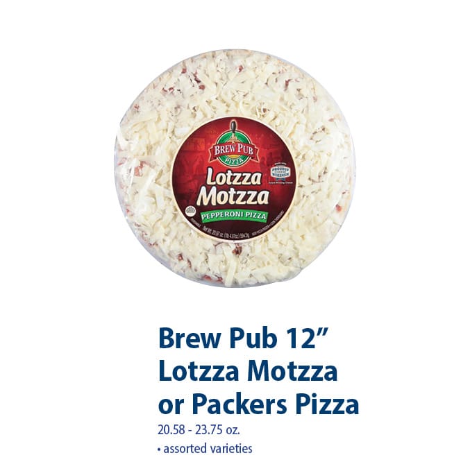 brew pub 12" lotzza motzza or packers pizza, 209.58-23.75 oz. assorted varieties