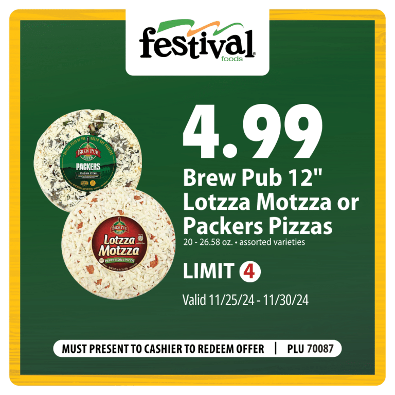 4.99 Brew Pub 12" Lotzza Motzza or Packers Pizzas