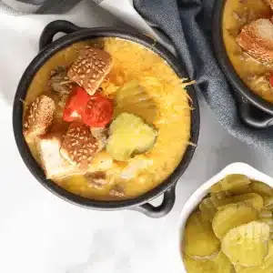 cheeseburger soup with burger bun croutons